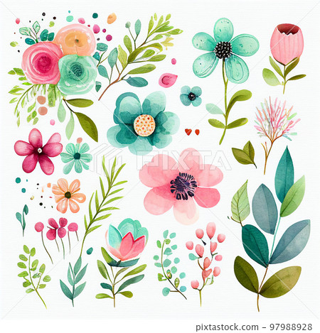 Set flowers and leave painting watercolor floral illustration created with Generative AI technology. 97988928