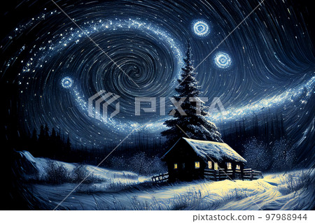 Illustration oil paint house and snow on starry sky winter (Created with Generative AI technology). 97988944