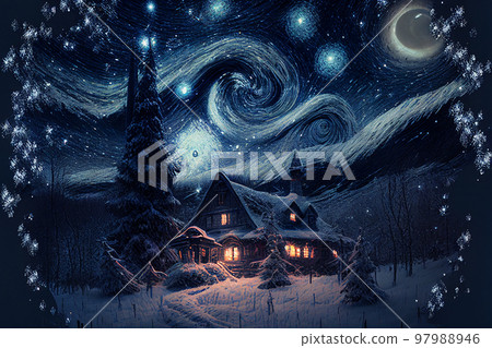 Illustration oil paint house and snow on starry sky winter (Created with Generative AI technology). 97988946
