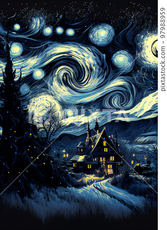 Illustration oil paint house and snow on starry sky winter (Created with Generative AI technology). 97988959