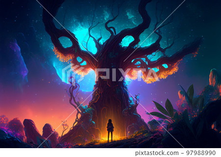 Fantasy of neon forest glowing colorful like fairytale. (Created with Generative AI technology). Fantasy of neon forest glowing colorful like fairytale. (Created with Generative AI technology). 97988990