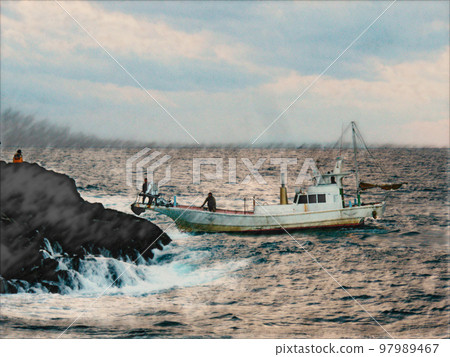 一幅插圖風格的修飾和顏色處理圖像，描繪了一艘渡船在近海海岸上騎著垂釣者的逼真風景照片。 97989467