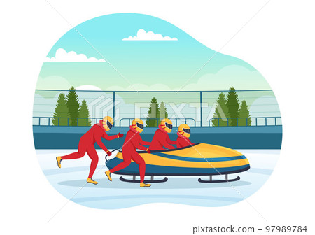 Athlete Riding Sled Bobsleigh Illustration with Snow, Ice and Bobsled Track for Competition in Winter Sport Activity Flat Cartoon Hand Drawn Templates 97989784