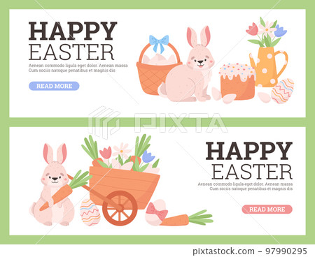 Happy Easter banners or flyers set with rabbits and flowers flat vector. 97990295