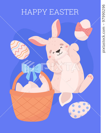 Cute and funny bunny with basket of decorated eggs, Easter greeting card, flat vector illustration. 97990296