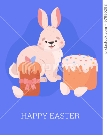 Easter greeting card with cute rabbit, cake and eggs - cartoon flat vector illustration. 97990298