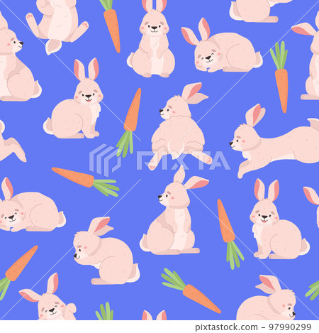 Cute bunny with carrot, Easter seamless pattern, cartoon flat vector illustration on blue background. Cute bunny with carrot, Easter seamless pattern, cartoon flat vector illustration on blue background. 97990299