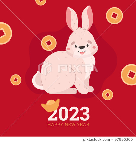 Chinese New Year 2023 greeting card with cute rabbit, flat vector illustration. 97990300