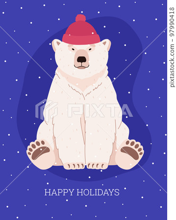 Polar bear in red hat on Christmas greeting card, cartoon flat vector illustration. Polar bear in red hat on Christmas greeting card, cartoon flat vector illustration. 97990418
