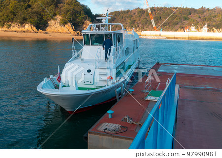 Regular ferry Tsumugi 1 connecting Kasaoka Port and Manabeshima leaving Takashima Pier Kasaoka City, Okayama Prefecture 97990981