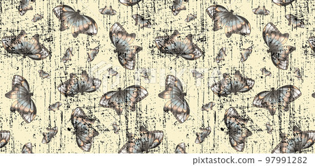 Hand-Drawn Digital Paper of Gray, Blue and Orange Colored Butterflies of Various Sizes on Sepia Backdrop. Retro Background with Butterfly. 97991282