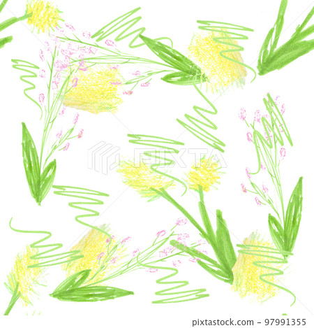 Seamless Pattern Design Pastel Drawn Bright Floral Pattern with Colorful Leaves and Blooming Dandelion Flowers on White Background. 97991355
