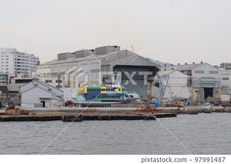 High-speed passenger ship Jetfoil stored at Kawasaki Heavy Industries Kobe factory High-speed passenger ship Jetfoil stored at Kawasaki Heavy Industries Kobe factory 97991487
