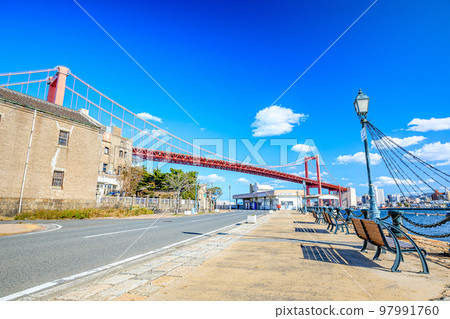 Wakato Ohashi Bridge and ferry terminal in winter, Kitakyushu City, Fukuoka Prefecture 97991760