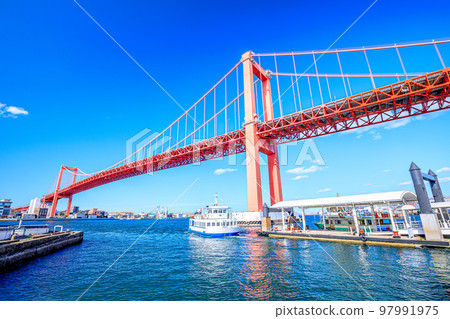 Wakato Ohashi Bridge and ferry terminal in winter, Kitakyushu City, Fukuoka Prefecture 97991975