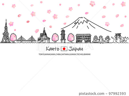 Simple line drawing illustration of the cityscape of a tourist destination in Kanto in spring 97992393