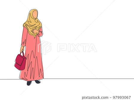 One single line drawing of young happy muslim girl with head scarf carrying pocket bag. Attractive Asian women model in trendy hijab fashion concept continuous line draw design vector illustration One single line drawing of young happy muslim girl with head scarf carrying pocket bag. Attractive Asian women model in trendy hijab fashion concept continuous line draw design vector illustration 97993067