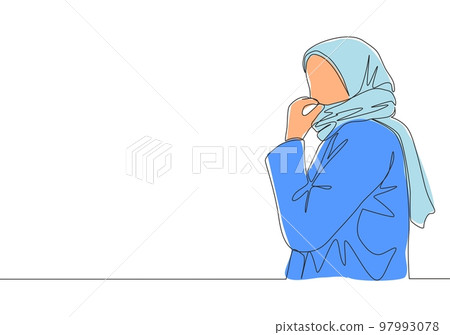 One single line drawing of young happy muslimah girl on veil covering mouth with scarf. Beautiful Asian women model in trendy hijab fashion concept continuous line draw design vector illustration One single line drawing of young happy muslimah girl on veil covering mouth with scarf. Beautiful Asian women model in trendy hijab fashion concept continuous line draw design vector illustration 97993078