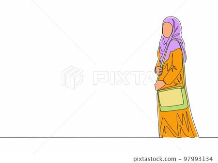 One continuous line drawing of young pretty muslimah on Islamic cloth carrying purse to hangout. Beauty Asian woman model in trendy hijab fashion concept single line draw design vector illustration One continuous line drawing of young pretty muslimah on Islamic cloth carrying purse to hangout. Beauty Asian woman model in trendy hijab fashion concept single line draw design vector illustration 97993134