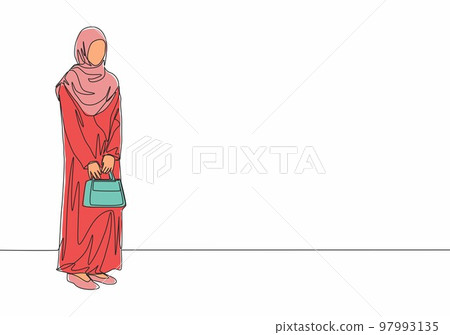 One continuous line drawing of young attractive muslimah with traditional Arab cloth holding bag. Beauty Asian woman model in trendy hijab fashion concept. Single line draw design vector illustration One continuous line drawing of young attractive muslimah with traditional Arab cloth holding bag. Beauty Asian woman model in trendy hijab fashion concept. Single line draw design vector illustration 97993135