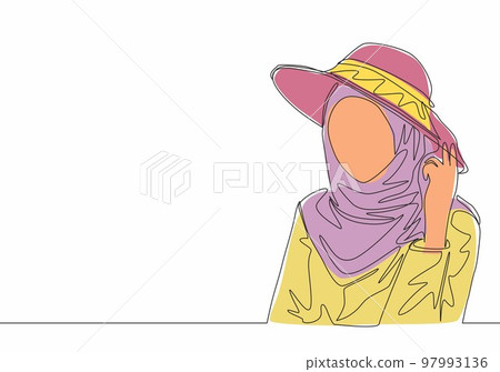 Single continuous line drawing of happy young cute muslimah wear headscarf with hat and pose nicely. Beauty Asian woman model in trendy hijab fashion concept one line draw design vector illustration Single continuous line drawing of happy young cute muslimah wear headscarf with hat and pose nicely. Beauty Asian woman model in trendy hijab fashion concept one line draw design vector illustration 97993136