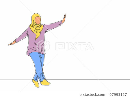 One continuous line drawing of young beautiful happy muslimah with headscarf dance on street road. Beauty Asian woman model in trendy hijab fashion concept single line draw design vector illustration 97993137