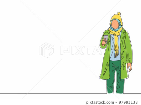 One single line drawing of young attractive happy muslimah wear beanie hat and hold coffee cup. Beauty Asian woman model in trendy hijab fashion concept continuous line draw design vector illustration 97993138