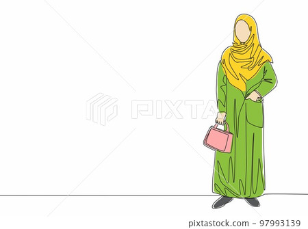 One continuous line drawing of young pretty muslimah on traditional arab cloth carrying pocker bag. Beauty Asian woman model in trendy hijab fashion concept single line draw design vector illustration 97993139