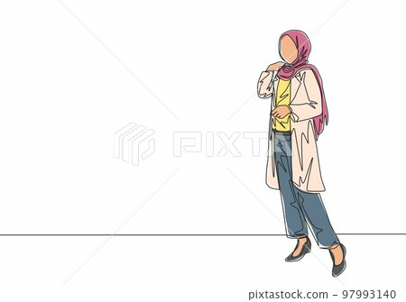 One single line drawing of young happy beauty muslimah wearing headscarf pose nicely. Beautiful Asian woman model in trendy hijab fashion concept continuous line draw design vector illustration One single line drawing of young happy beauty muslimah wearing headscarf pose nicely. Beautiful Asian woman model in trendy hijab fashion concept continuous line draw design vector illustration 97993140