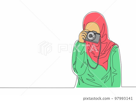 One continuous line drawing of young pretty happy muslimah with headscarf hold camera on hand. Beautiful Asian woman model in trendy hijab fashion concept single line draw design vector illustration One continuous line drawing of young pretty happy muslimah with headscarf hold camera on hand. Beautiful Asian woman model in trendy hijab fashion concept single line draw design vector illustration 97993141