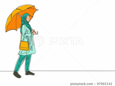 Single continuous line drawing of young cute muslimah with arabic veil carrying umbrella and pocket bag. Beautiful Asian woman in trendy hijab fashion concept one line draw design vector illustration Single continuous line drawing of young cute muslimah with arabic veil carrying umbrella and pocket bag. Beautiful Asian woman in trendy hijab fashion concept one line draw design vector illustration 97993142