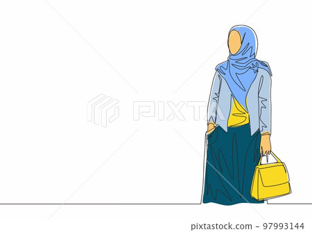 One single line drawing of young attractive happy muslimah wearing veil and holding pocket bag on hand. Beautiful woman in trendy hijab fashion concept continuous line draw design vector illustration 97993144