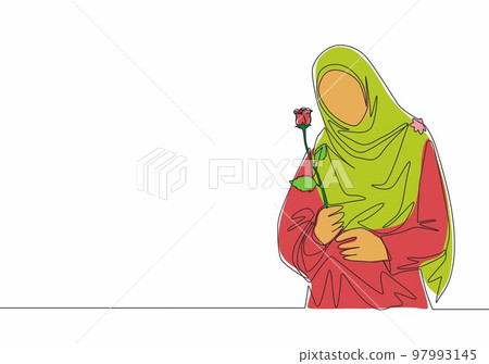 Single continuous line drawing of young happy cute muslimah with headscarf holding a flower rose. Beauty Asian woman model in trendy hijab fashion concept one line draw design vector illustration Single continuous line drawing of young happy cute muslimah with headscarf holding a flower rose. Beauty Asian woman model in trendy hijab fashion concept one line draw design vector illustration 97993145