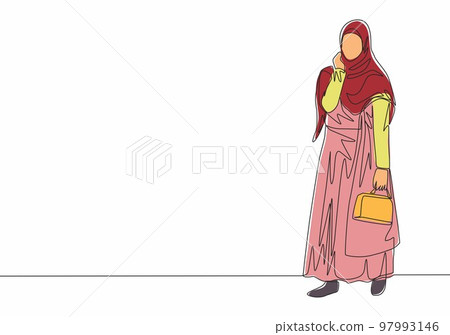 One single line drawing of young happy muslimah bringing little bag and go to shopping. Beautiful Asian woman model in trendy hijab fashion concept continuous line draw design vector illustration 97993146