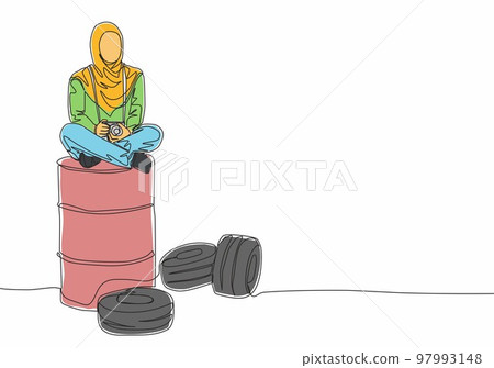 Single continuous line drawing of young beautiful muslimah siting on oil drum and hold dslr camera. Beautiful Asian woman model in trendy hijab fashion concept one line draw design vector illustration Single continuous line drawing of young beautiful muslimah siting on oil drum and hold dslr camera. Beautiful Asian woman model in trendy hijab fashion concept one line draw design vector illustration 97993148
