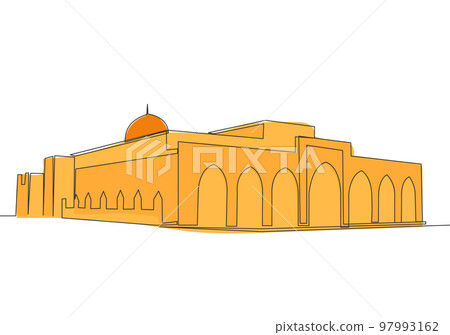 One single line drawing of Islamic historical landmark masjid or mosque Jami Al Aqsa. Holy place to prayer for Islam people concept continuous line draw design vector illustration 97993162