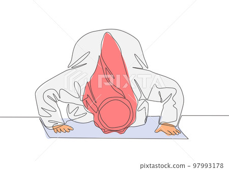 Single continuous line drawing of muslim person praying, doa sujud movement on pray. Sajadah worshiping of Islamic person concept one line draw design vector illustration 97993178