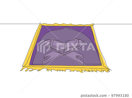 One continuous line drawing of sajadah, carpet that use to pray for muslim people and quran above. Worship of muslim person concept single line draw design vector illustration 97993180