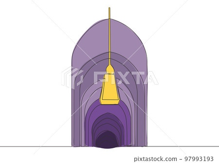 One single line drawing of Islamic historical dome masjid or mosque ornament decoration. Holy place to prayer for Islam people concept continuous line draw design vector illustration 97993193