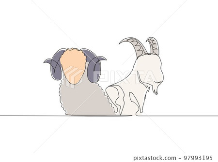 One single line drawing of goat and sheep head. Muslim holiday the sacrifice animal such as goat, camel, sheep and cow, Eid al Adha greeting card concept continuous line draw design illustration 97993195