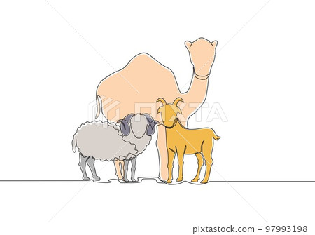 One continuous line drawing of sheep, camel and goat. Muslim holiday the sacrifice an animal to God, Eid al Adha greeting card concept single line draw design illustration 97993198