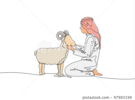 One single line drawing of young muslim holding a sheep. Islamic holiday the sacrifice a goat or sheep, Eid al Adha greeting card concept continuous line draw design illustration 97993199