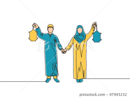Eid Mubarak poster, banner and greeting card design Single continuous line drawing of young Islamic muslim muslimah couple holding hands and lantern lamp. Eid Al Fitr one line draw vector illustration Eid Mubarak poster, banner and greeting card design Single continuous line drawing of young Islamic muslim muslimah couple holding hands and lantern lamp. Eid Al Fitr one line draw vector illustration 97993232