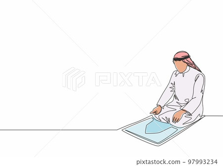Single continuous line drawing of young muslim person pray on sajadah in traditional Arab clothing. Ramadan Kareem and Eid Mubarak greeting card concept one line draw design vector illustration Single continuous line drawing of young muslim person pray on sajadah in traditional Arab clothing. Ramadan Kareem and Eid Mubarak greeting card concept one line draw design vector illustration 97993234