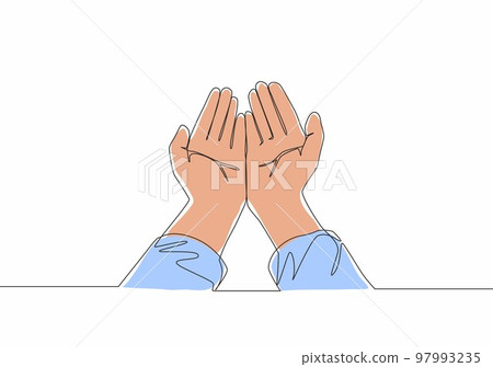 Single continuous line drawing of muslim person open and raise hands praying to God. Islamic holy day Ramadan Kareem and Eid Mubarak greeting card concept one line draw design vector illustration Single continuous line drawing of muslim person open and raise hands praying to God. Islamic holy day Ramadan Kareem and Eid Mubarak greeting card concept one line draw design vector illustration 97993235