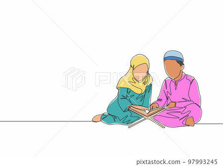 One continuous line drawing of muslim and muslimah kids reading and recite Quran. Islamic holy day Ramadan Kareem and Eid Mubarak greeting card concept single line draw design vector illustration One continuous line drawing of muslim and muslimah kids reading and recite Quran. Islamic holy day Ramadan Kareem and Eid Mubarak greeting card concept single line draw design vector illustration 97993245