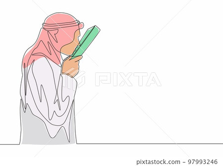 One single line drawing of young muslim person kissing Quran in shmag traditional Arab cloth. Islamic holy day Eid Mubarak greeting card concept continuous line draw design vector illustration One single line drawing of young muslim person kissing Quran in shmag traditional Arab cloth. Islamic holy day Eid Mubarak greeting card concept continuous line draw design vector illustration 97993246