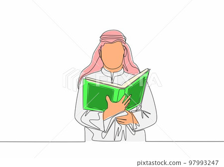 Single continuous line drawing of young muslim person reading and recite Quran in traditional Arab cloth. Islamic holy day Ramadan Kareem greeting card concept one line draw design vector illustration Single continuous line drawing of young muslim person reading and recite Quran in traditional Arab cloth. Islamic holy day Ramadan Kareem greeting card concept one line draw design vector illustration 97993247