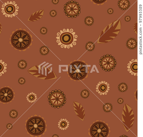 Tribal style flowers and leaves Seamless Pattern with hand drawn elements in brown colours. 97993389