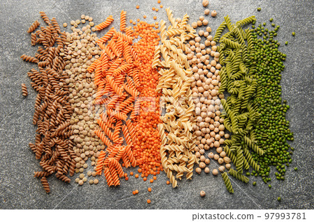 A variety of fusilli pasta from different types of legumes. Gluten-free pasta. 97993781